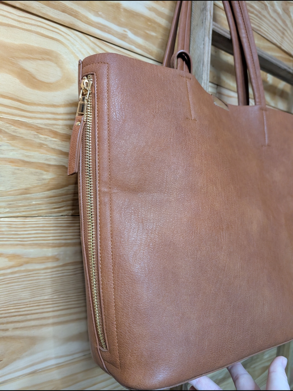 Tan Leatherette Tote Bag with Pouch - Women Bags - Picture 5 of 12